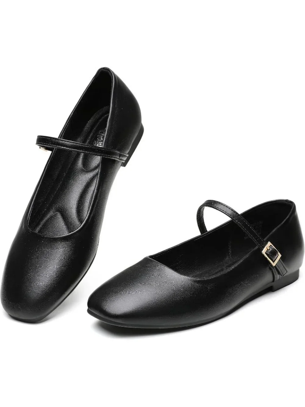 Women's Black Square Toe With Adjustable Buckle Strap Ballet Flat Slip On Shoes